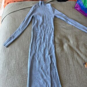 Aritzia Wilfred Ribbed Turtleneck Midi Dress Blue Fitted Bodycon Side Slit XS